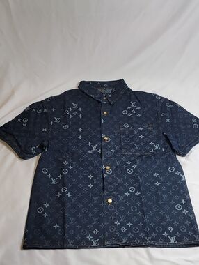 Louis Vuitton Denim Navy Monogram Short Sleeve Button-Down Shirt